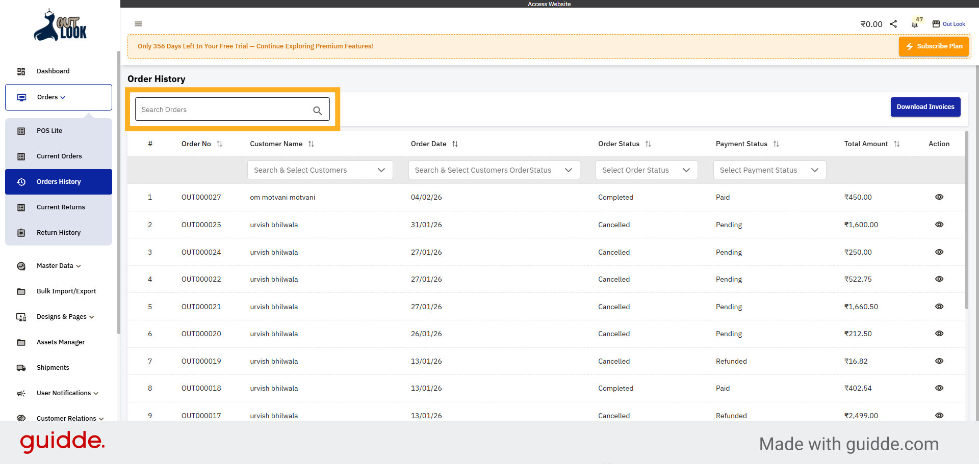 Open Search Orders Field