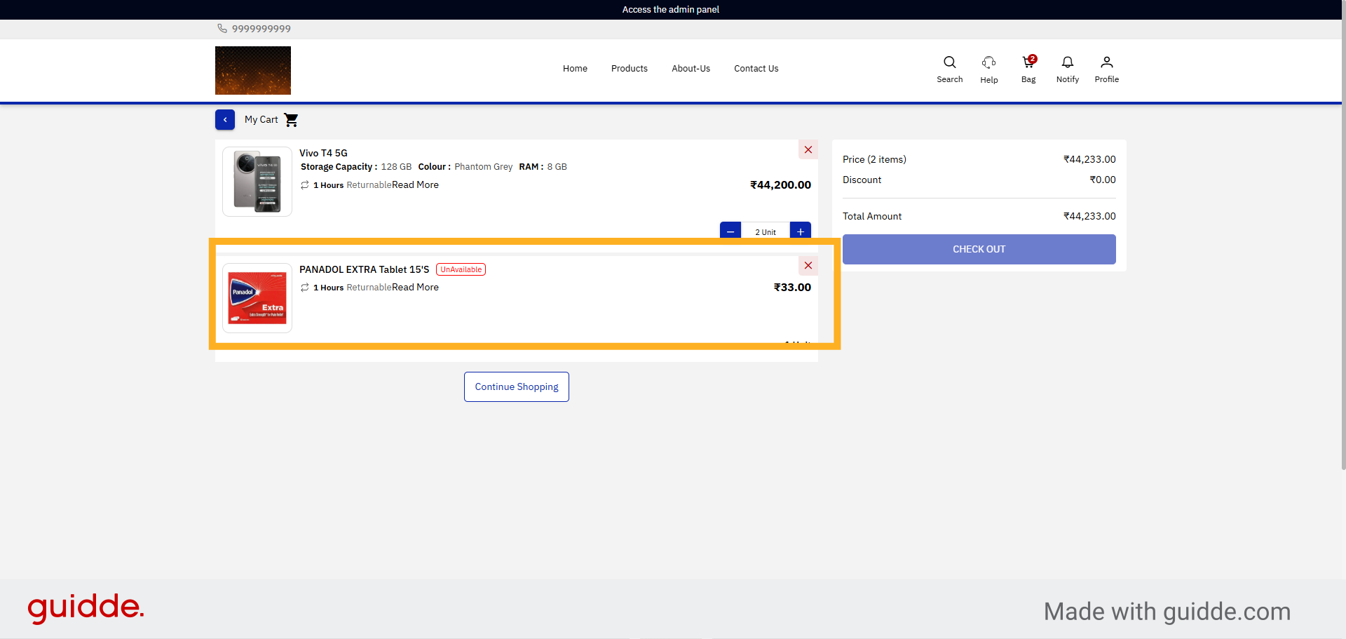 Unavailable Item in cart