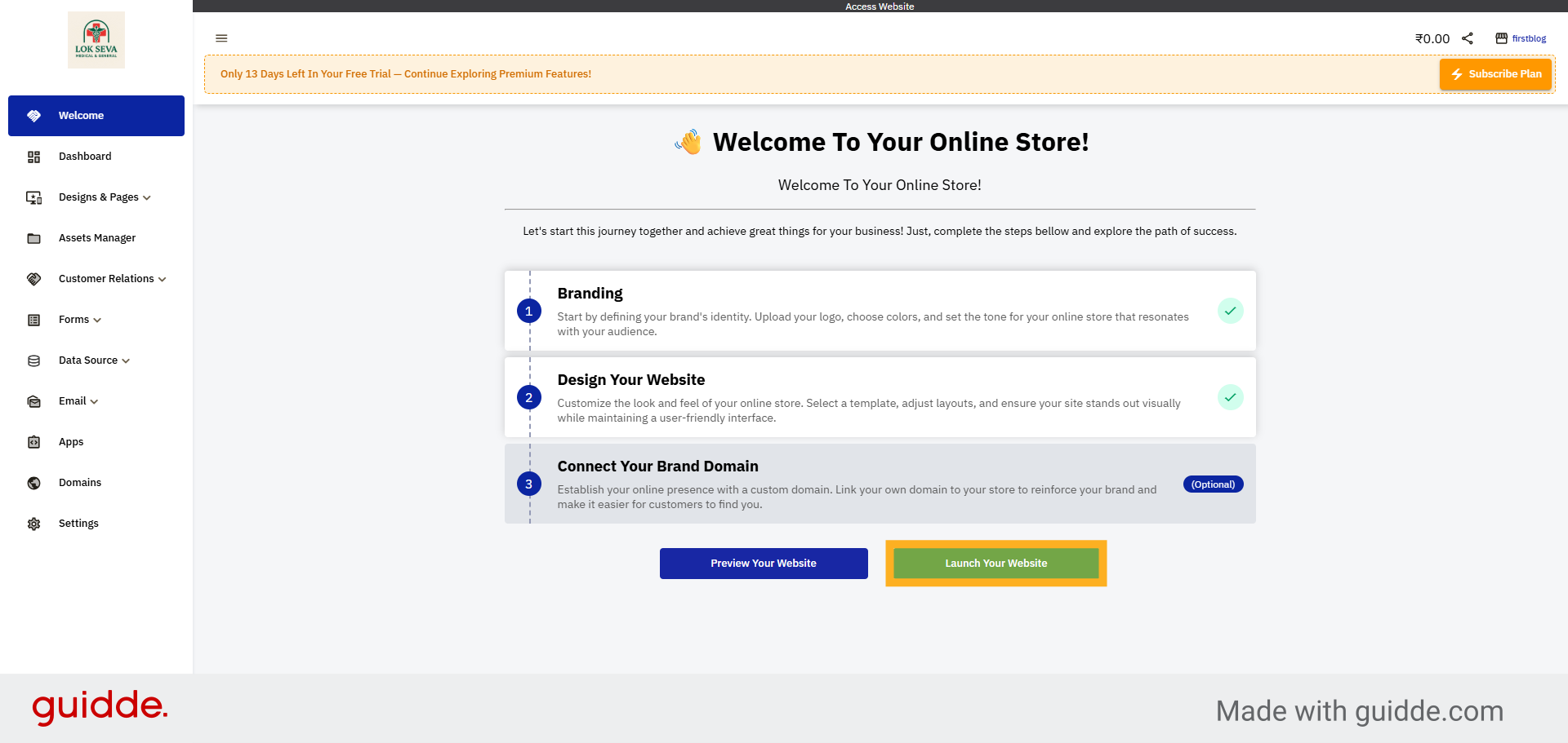 Click Launch Website Button