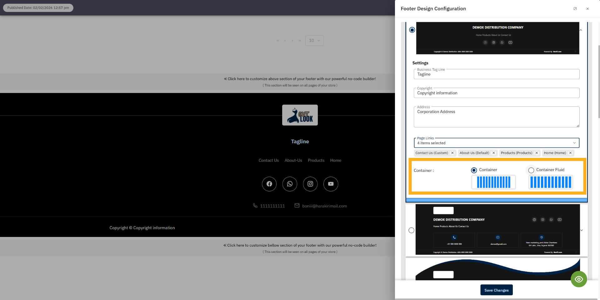 Choose Footer Container size
