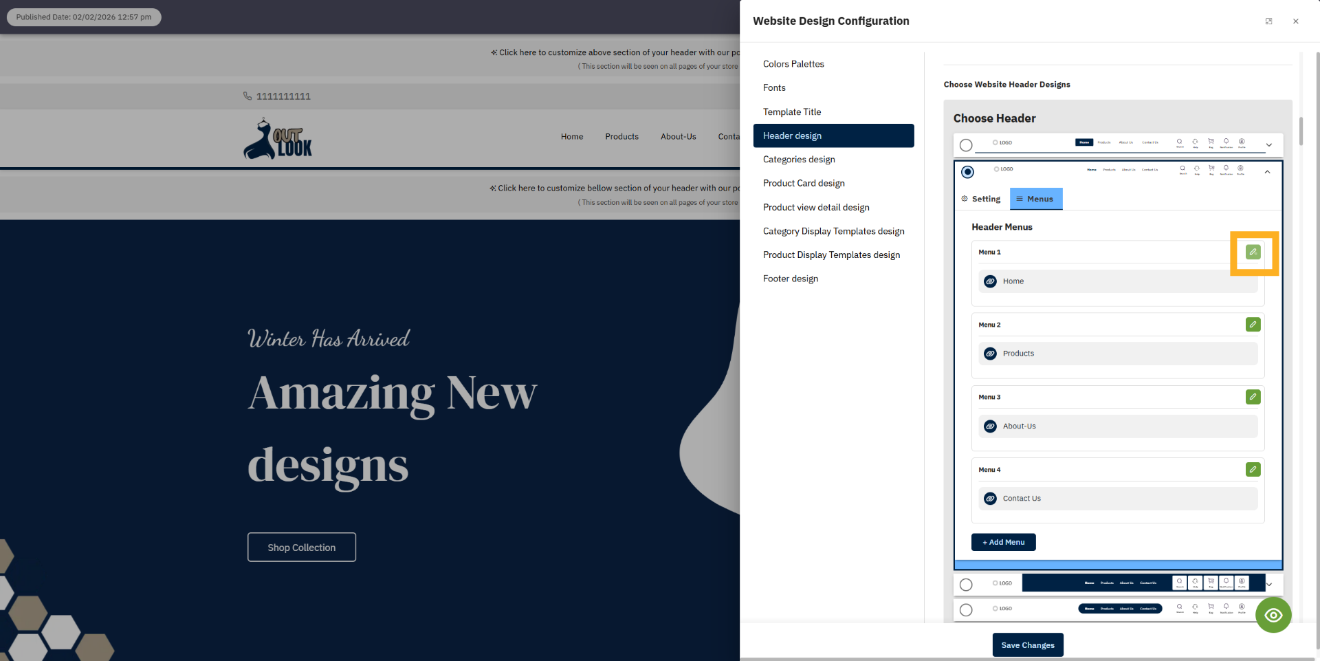 Edit Menu Item Settings
