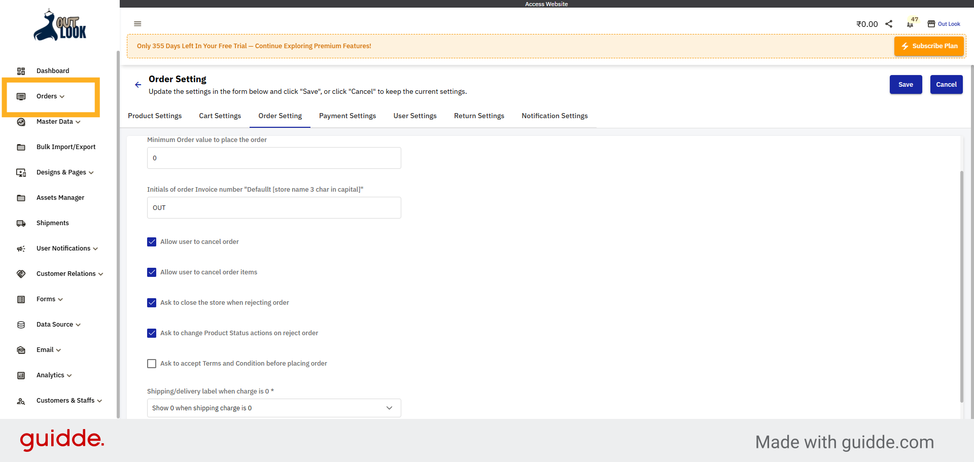 Open Orders Dropdown Menu