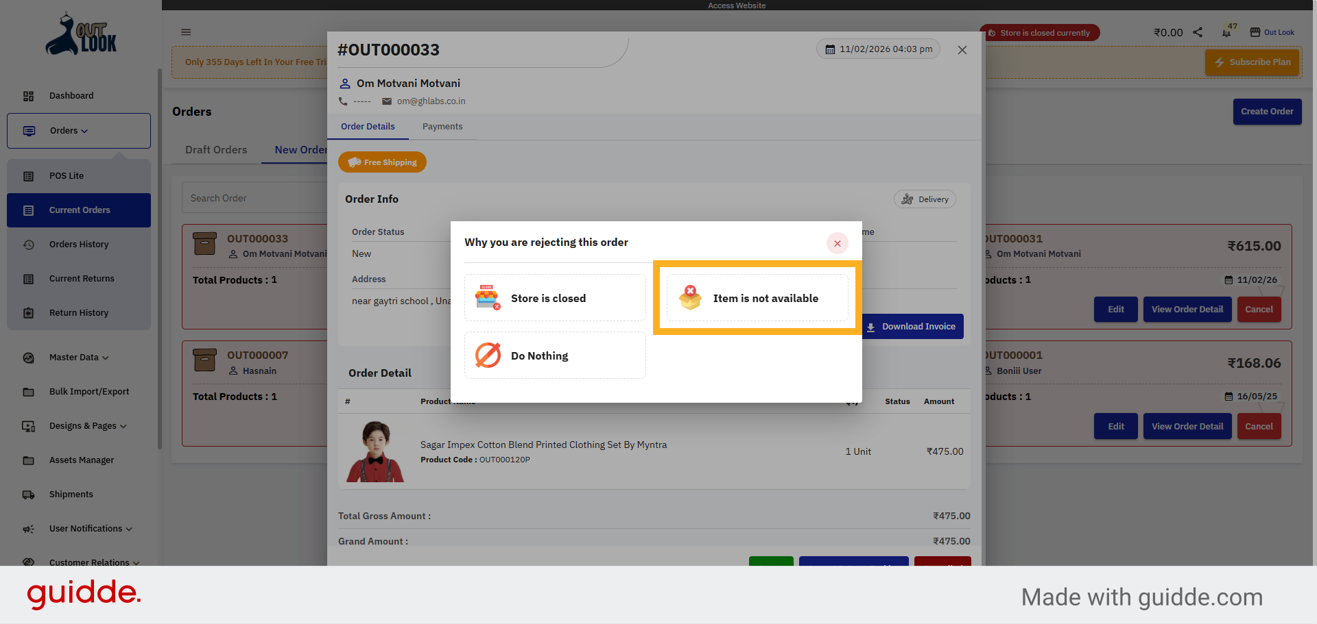 Select Item Not Available