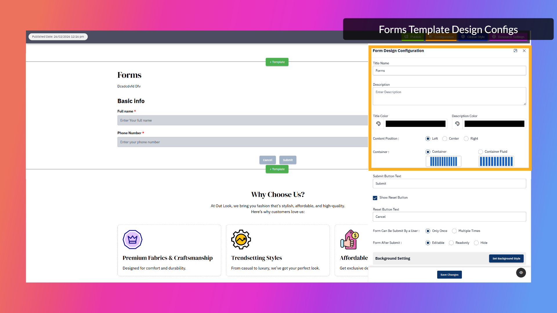 Forms Template Design Configs