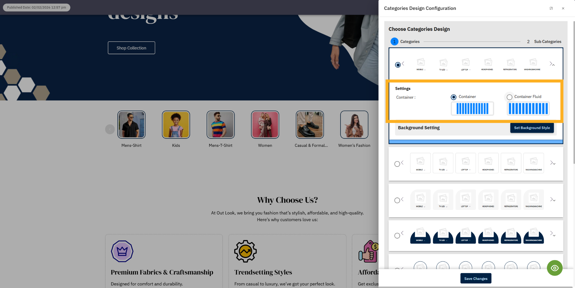 Choose category template container size
