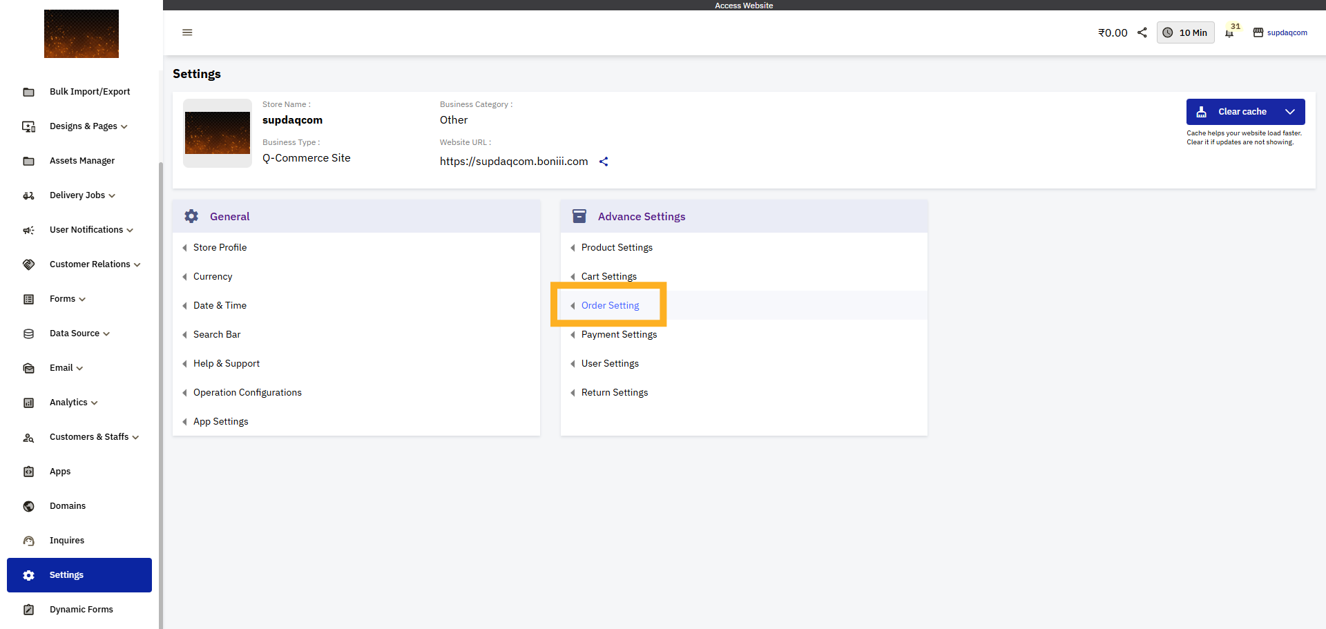 Navigate to Order Settings