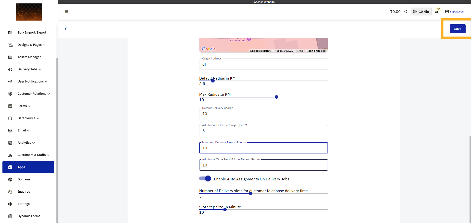 Save Local Delivery Service Setitng