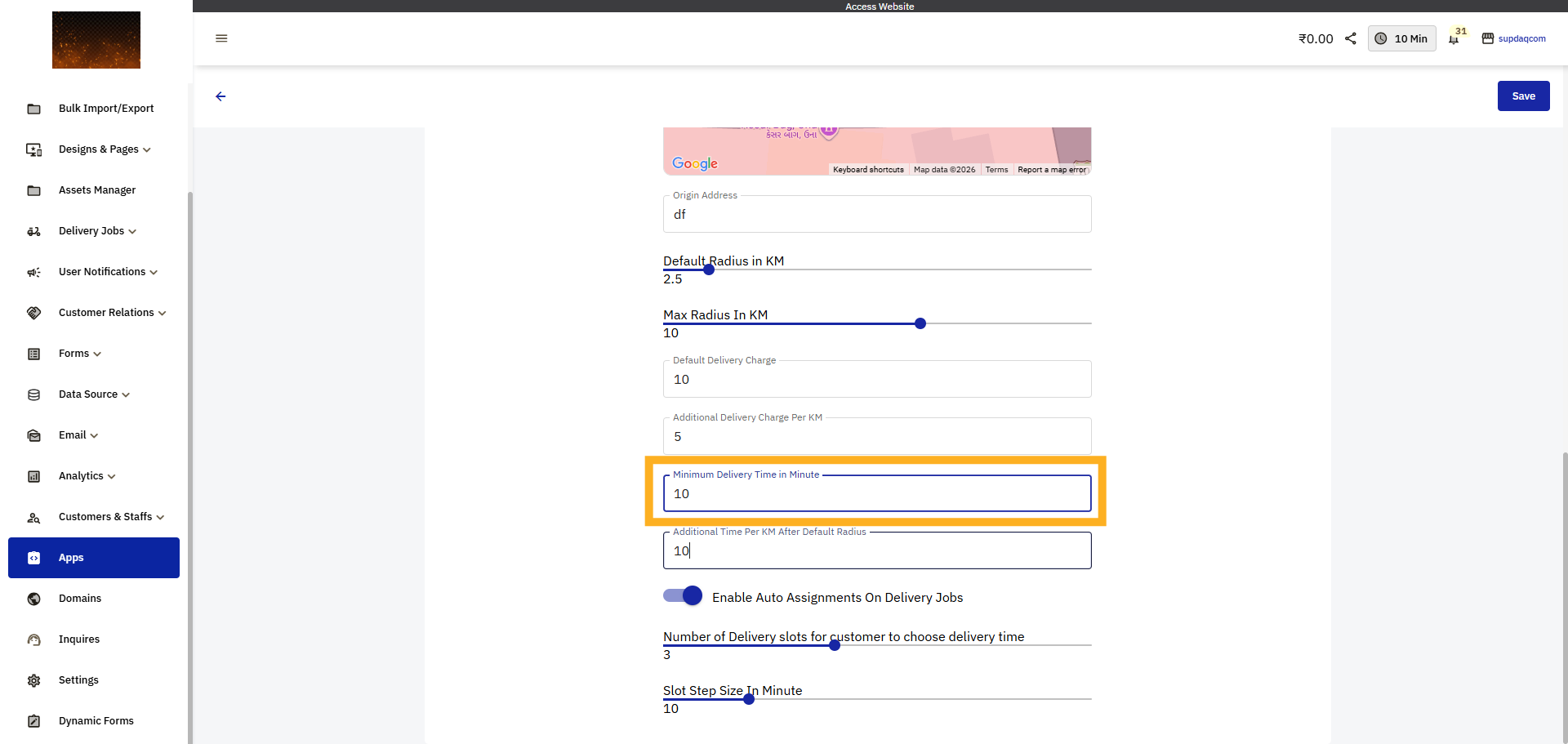 Enter Minimum Delivery Time