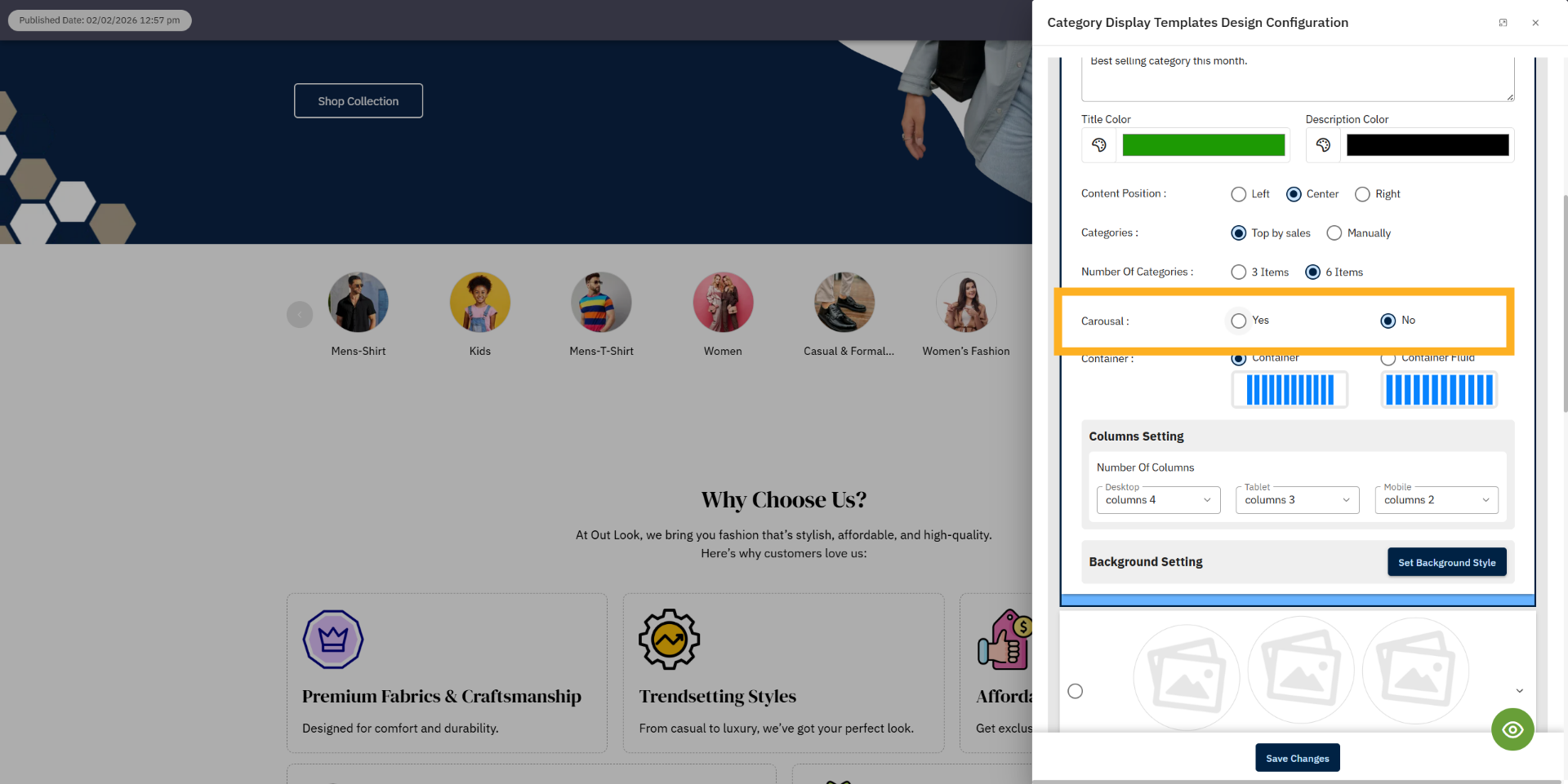 Access Extended Settings template Carousal view  