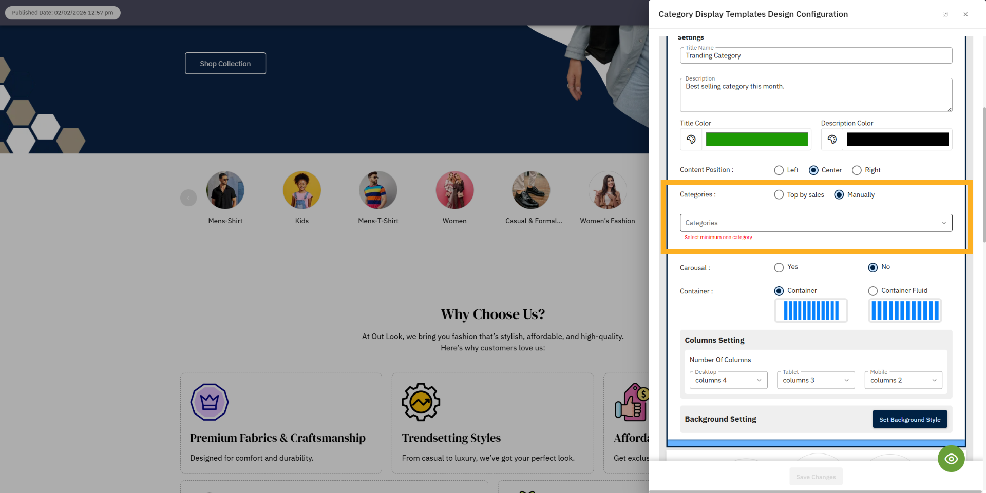 Select Categories Option