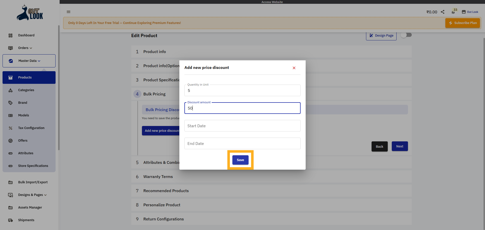 Save Bulk Pricing Rule