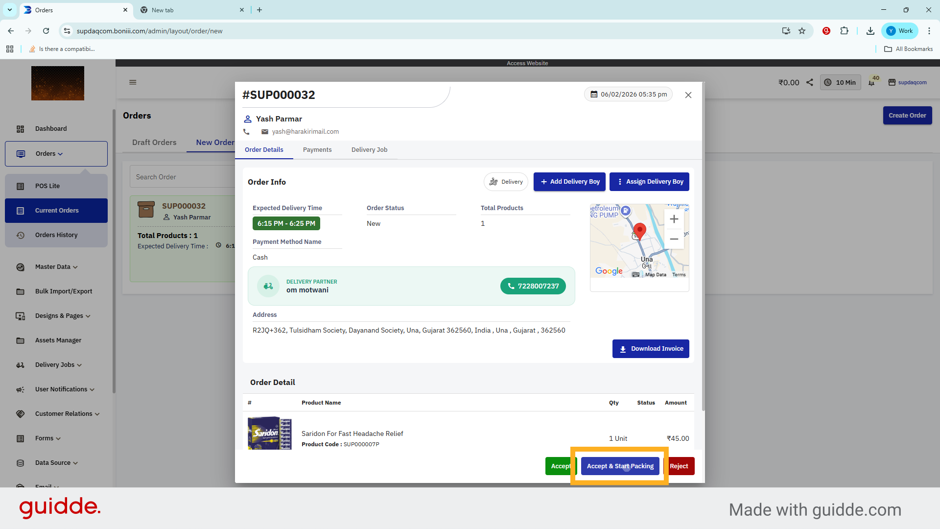 Accept and Start Packing Order