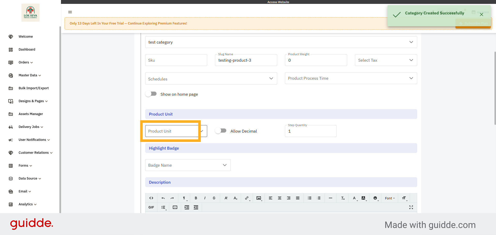 Select Product Unit Field
