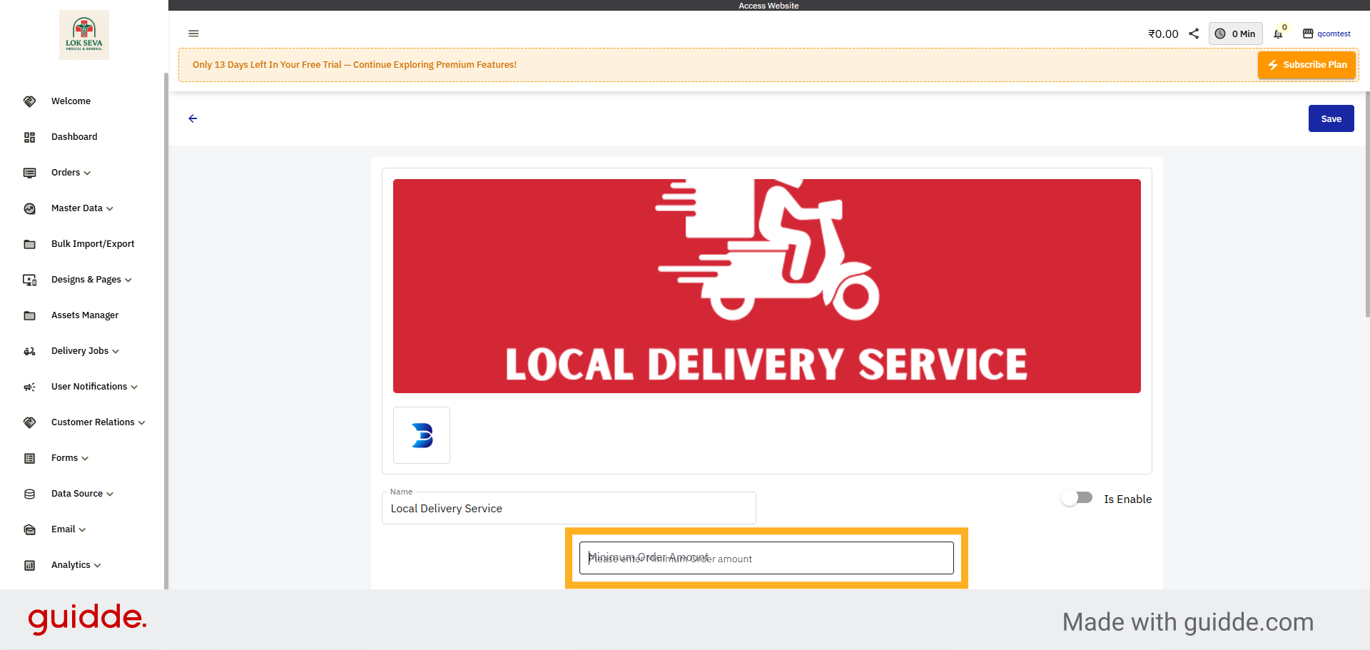 Enter Minimum Order Amount Field