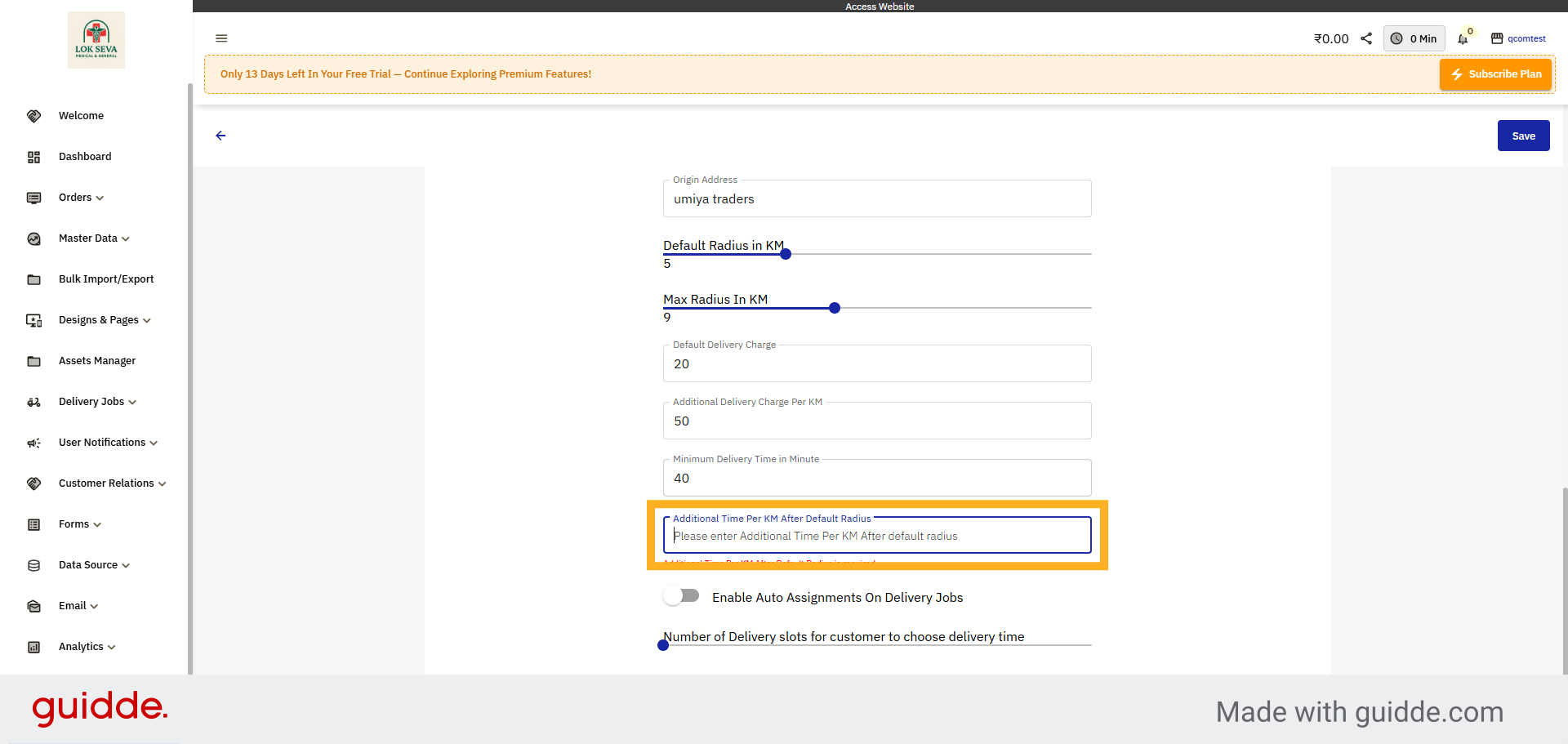 Enter Additional Time Per KM Setting