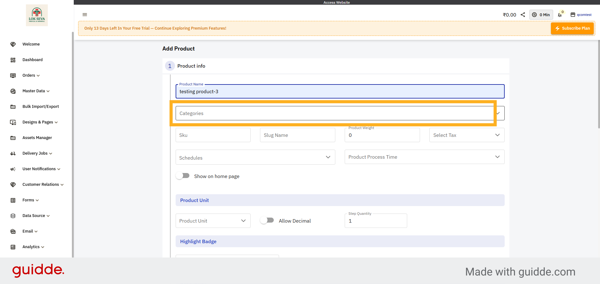 Open Categories Section