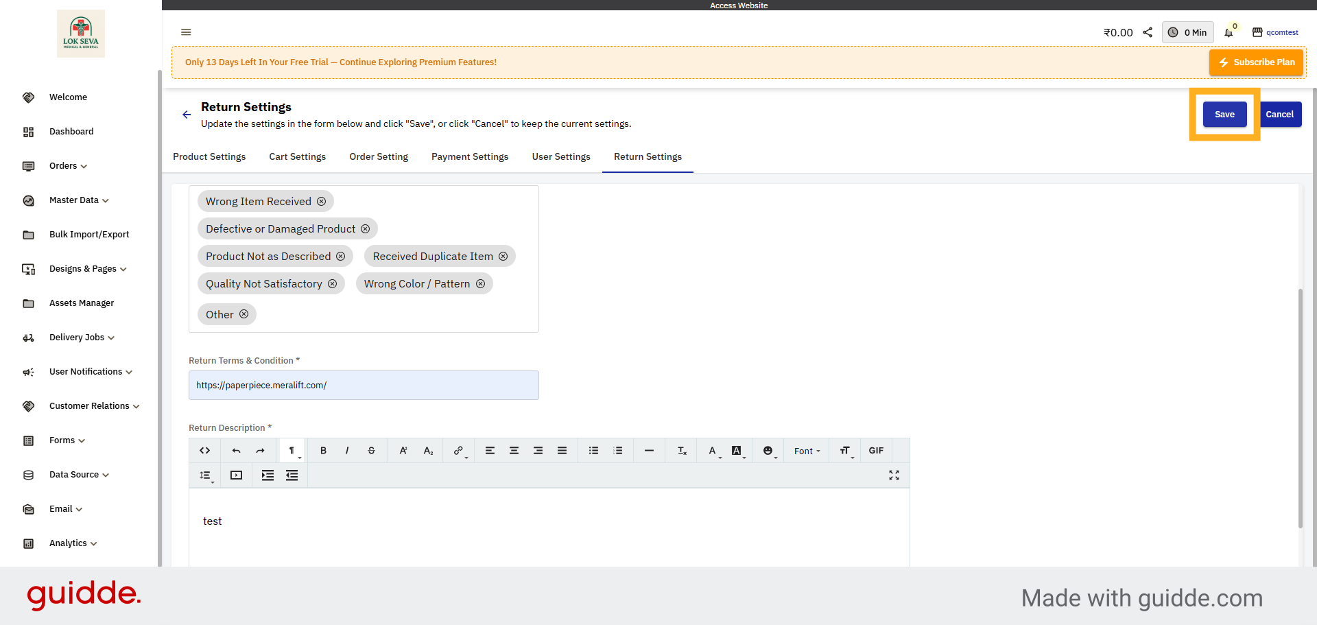 Save Return Configuration
