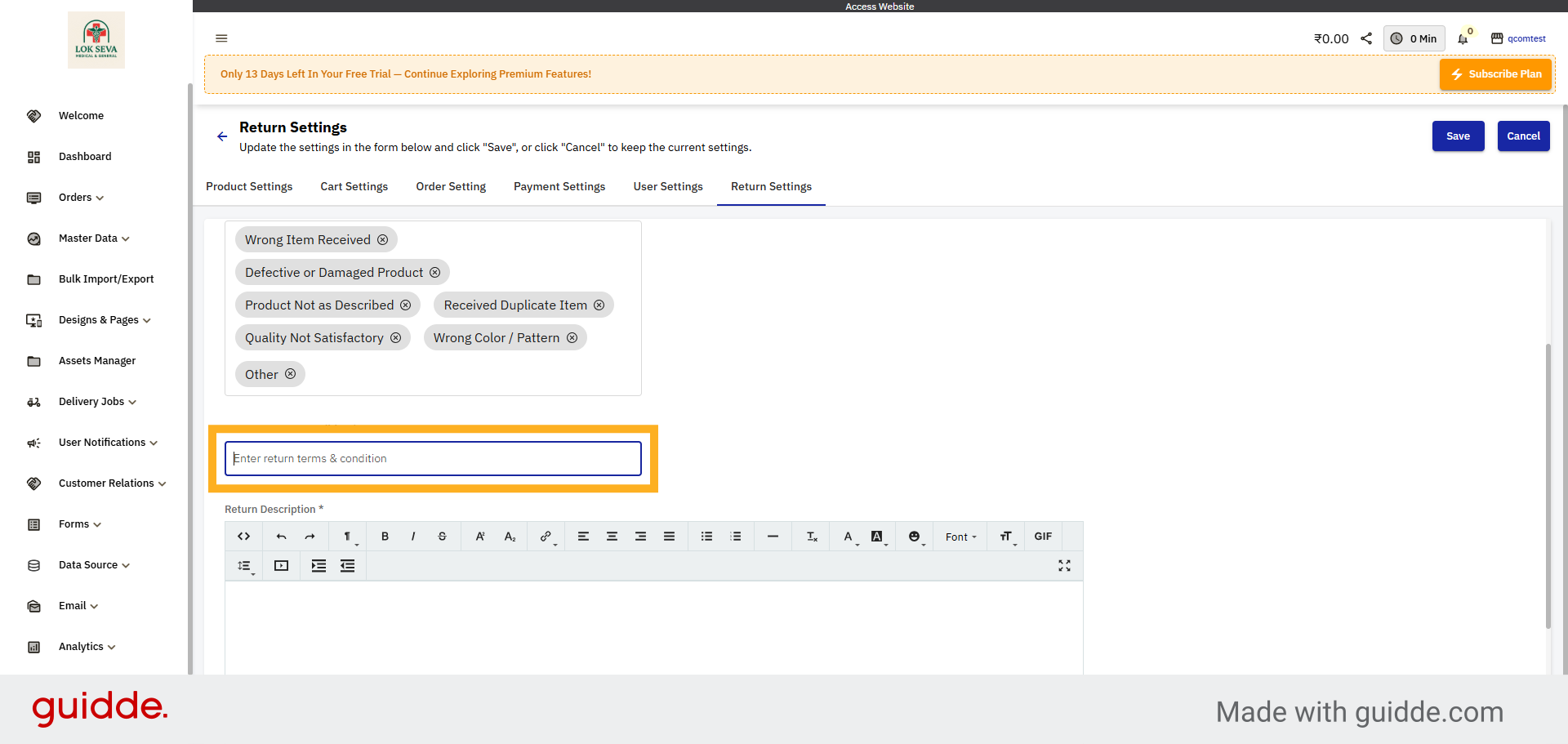 Enter Return Terms & Condition URL