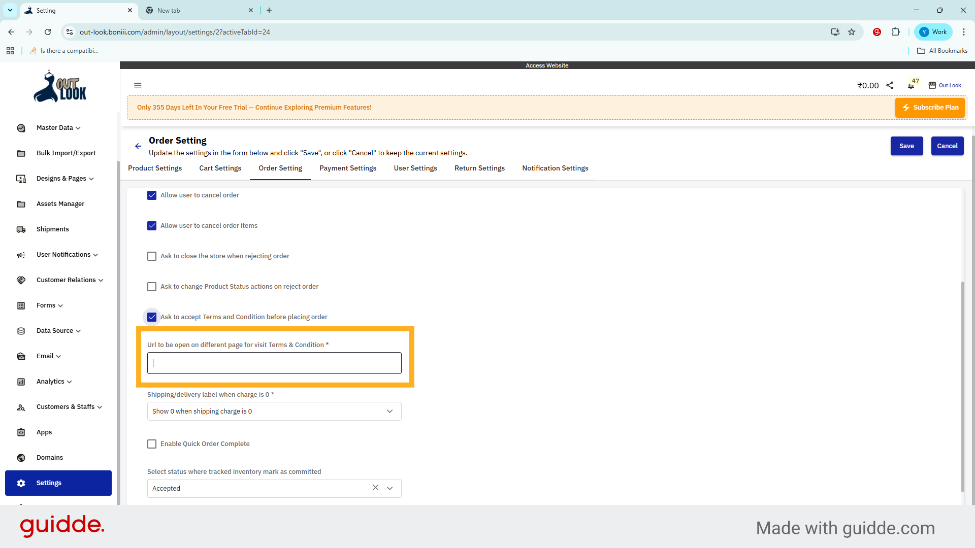 Enter Terms And Conditions URL