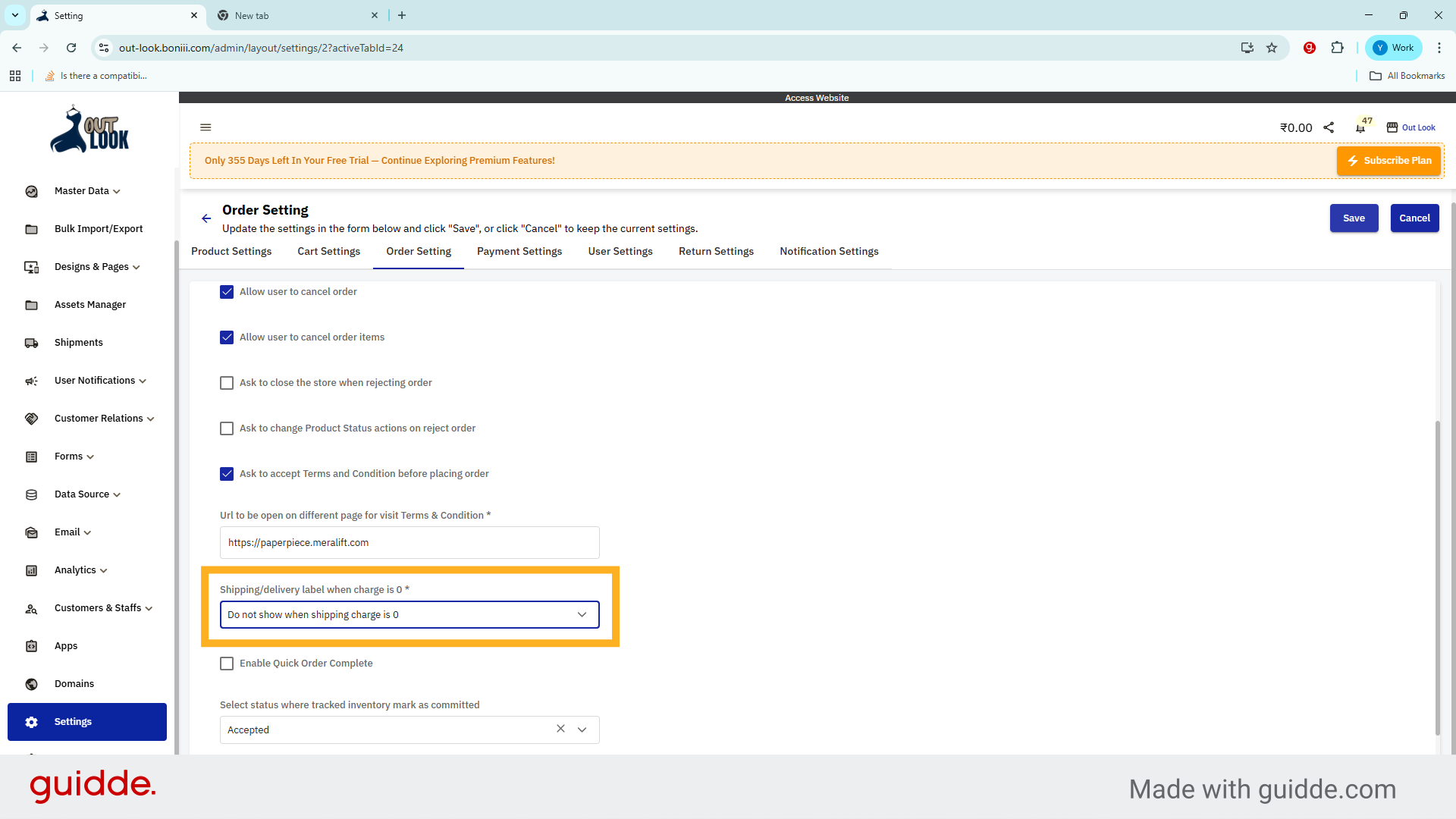 Enable Do Not Show Shipping Charge Display