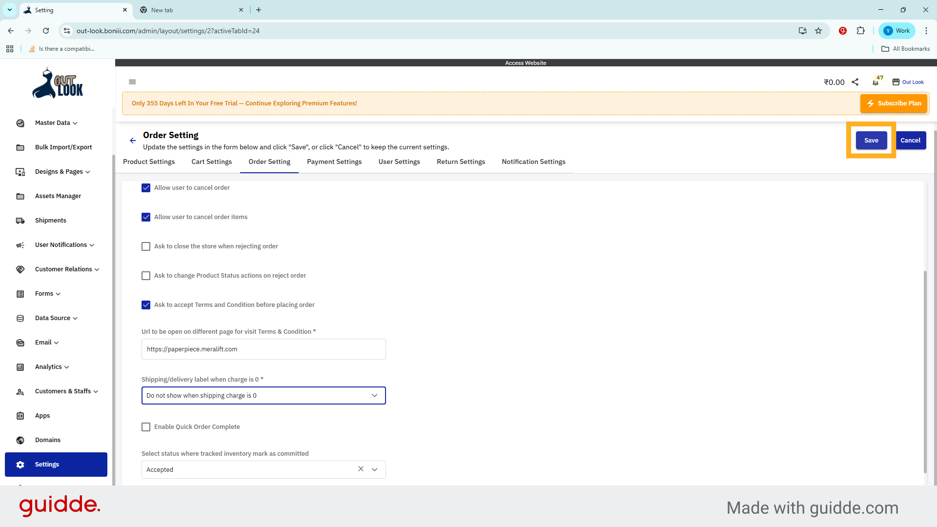 Save Shipping Charge Settings