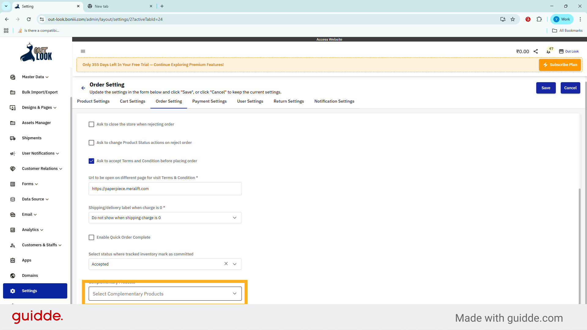 Select Complementary Products Option