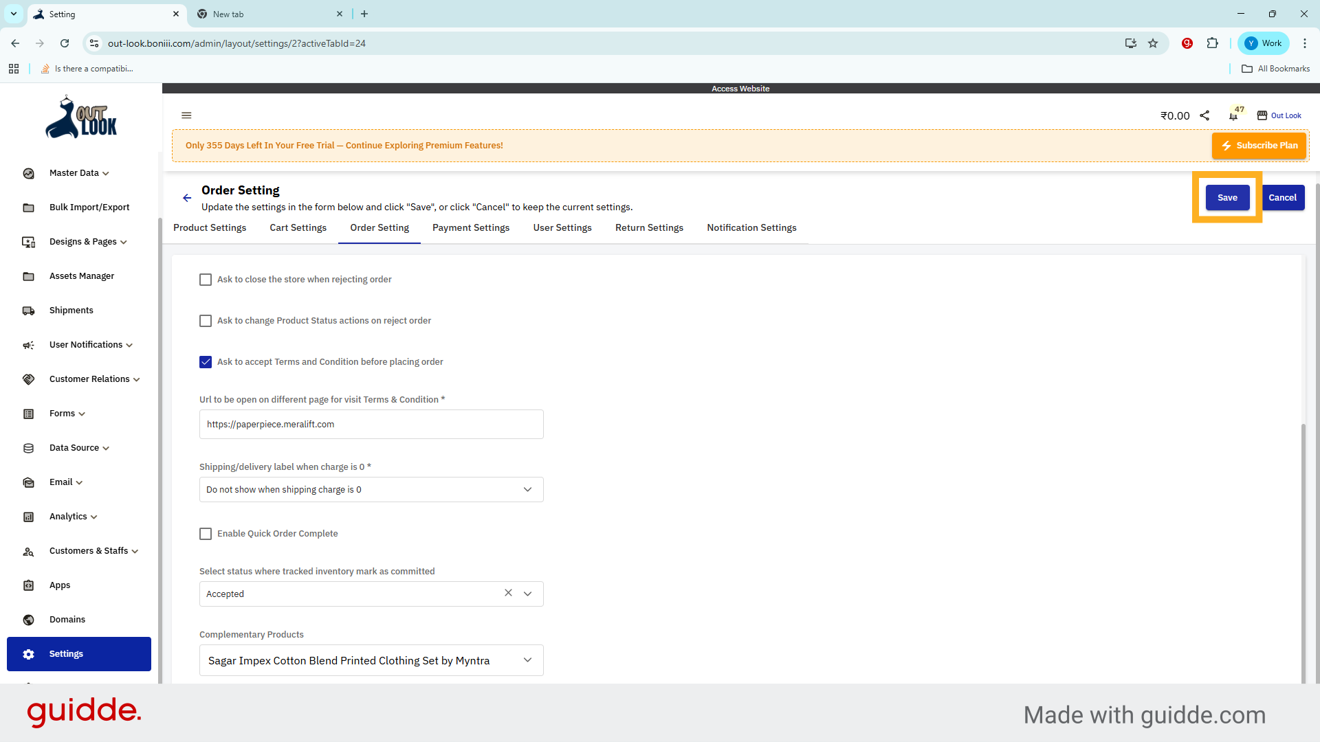 Save Complementary Products Settings