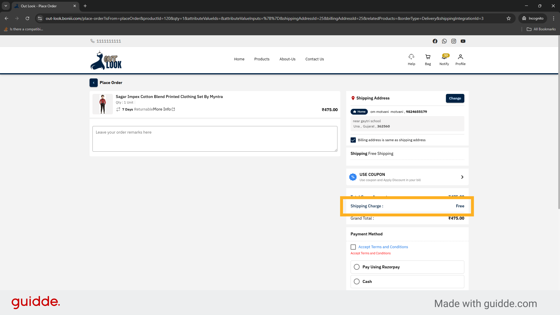 Check Shipping Charge Display