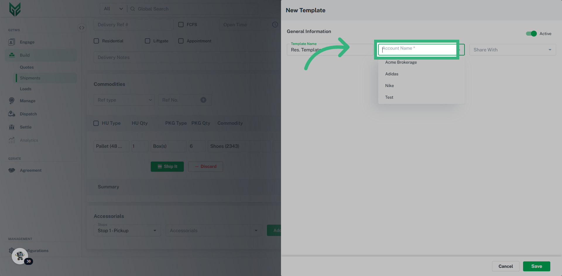 Enter the template name and assign to an account. 