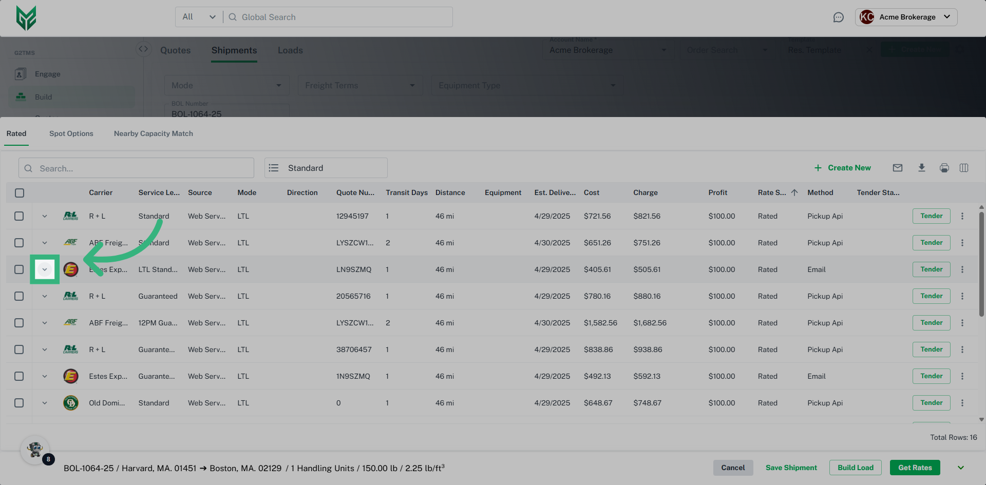 Click on the down arrow to view additional rate detail.