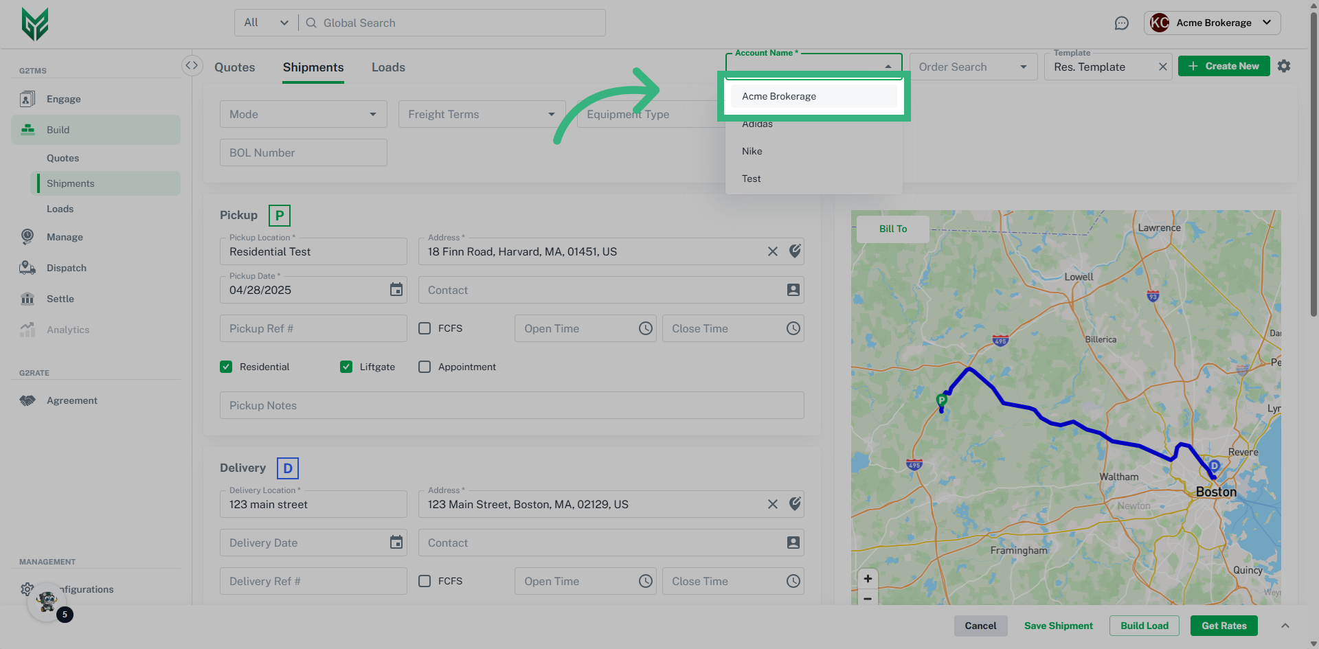 Assign the shipment to an account.