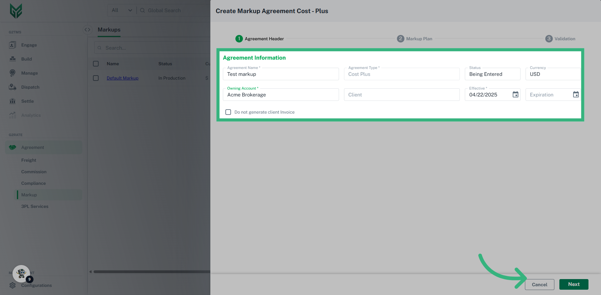Enter 'Agreement Information'