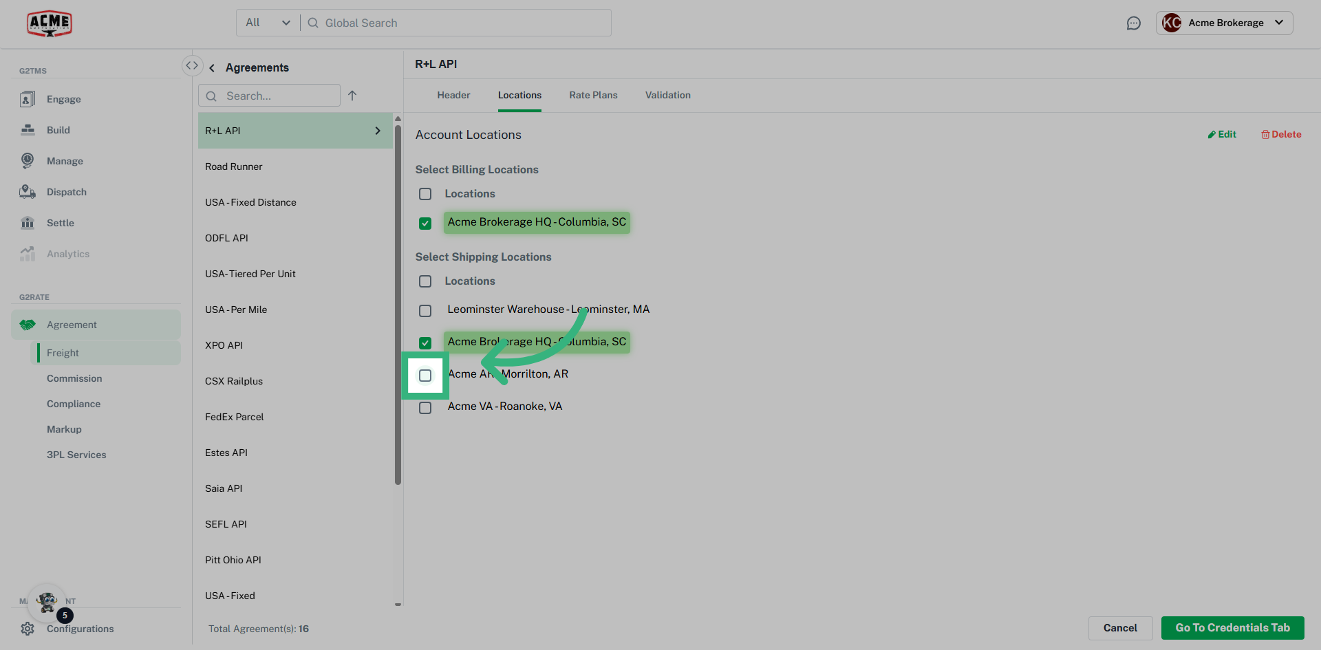 Select the locations you would like the rates to be applied
