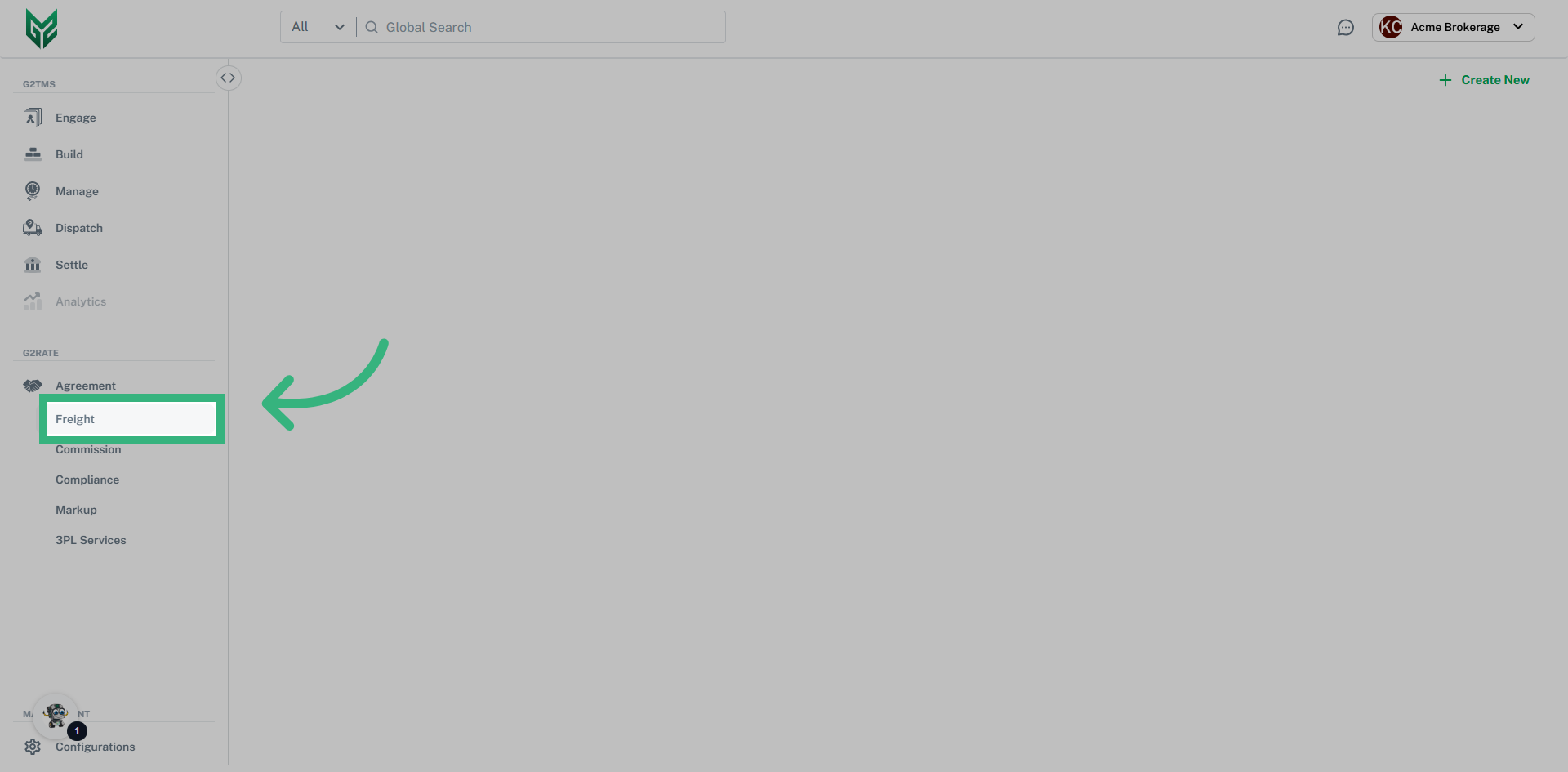 Click Agreement, then 'Freight'