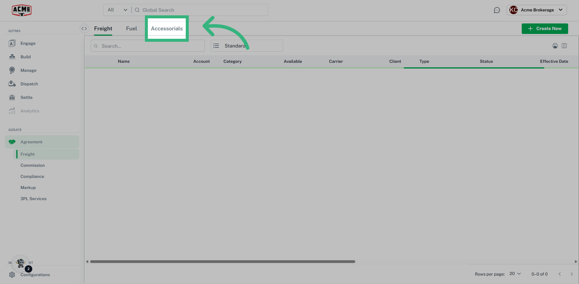 Click 'Accessorials'
