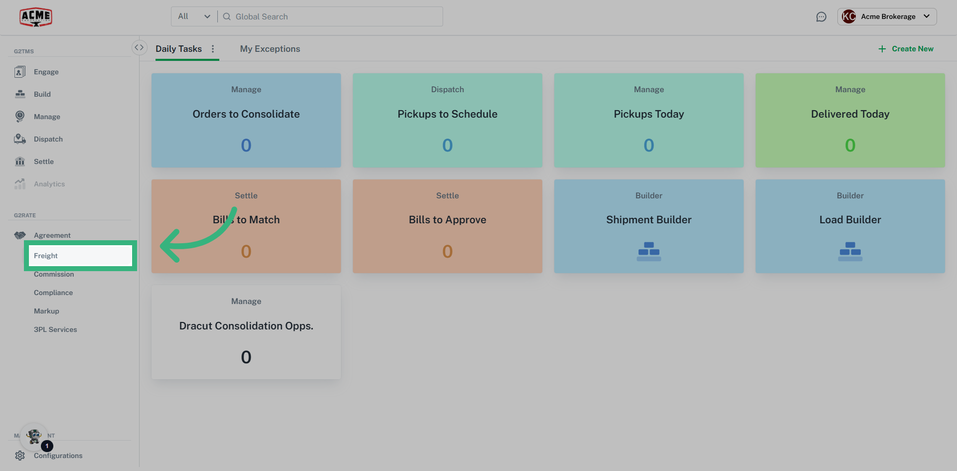 Click 'Agreement' then 'Freight'