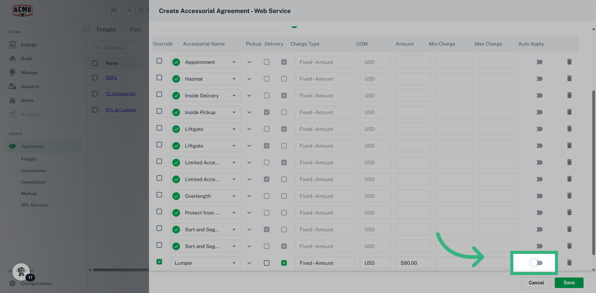 Enter the desired accessorial then enter your additional information