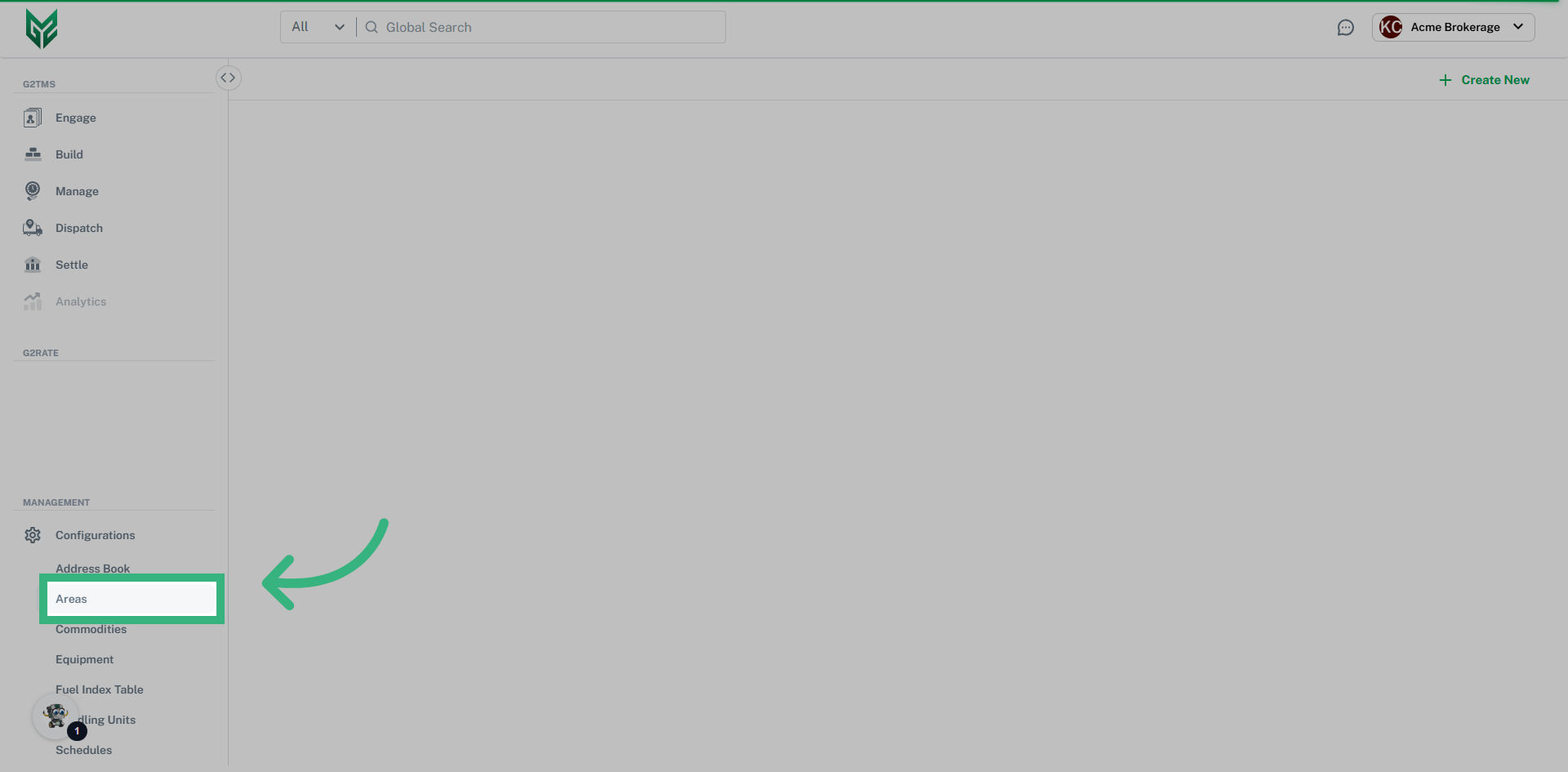 Click 'Configurations' then 'Areas'