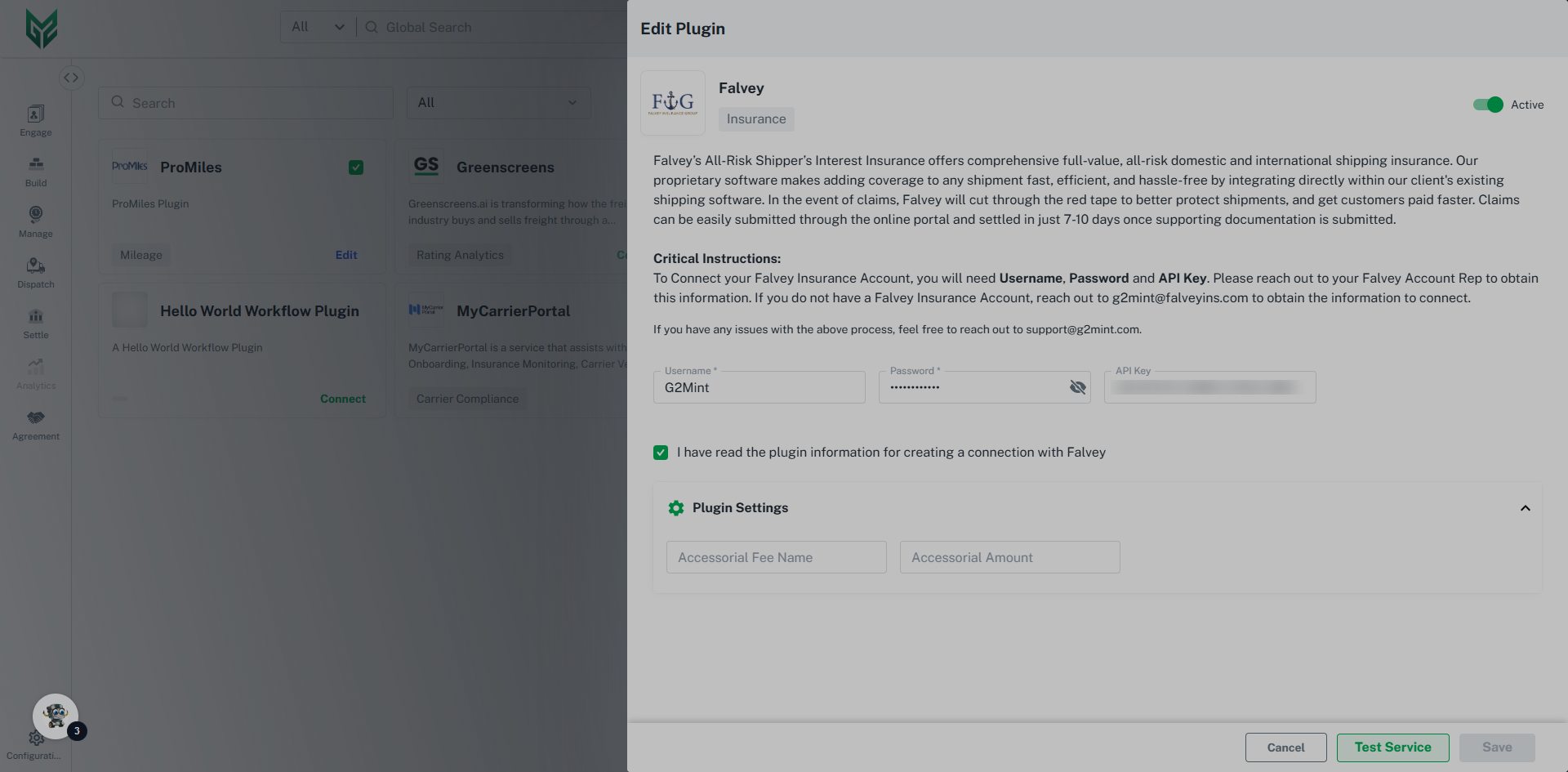 Fill in critical information, then click 'Test Service'