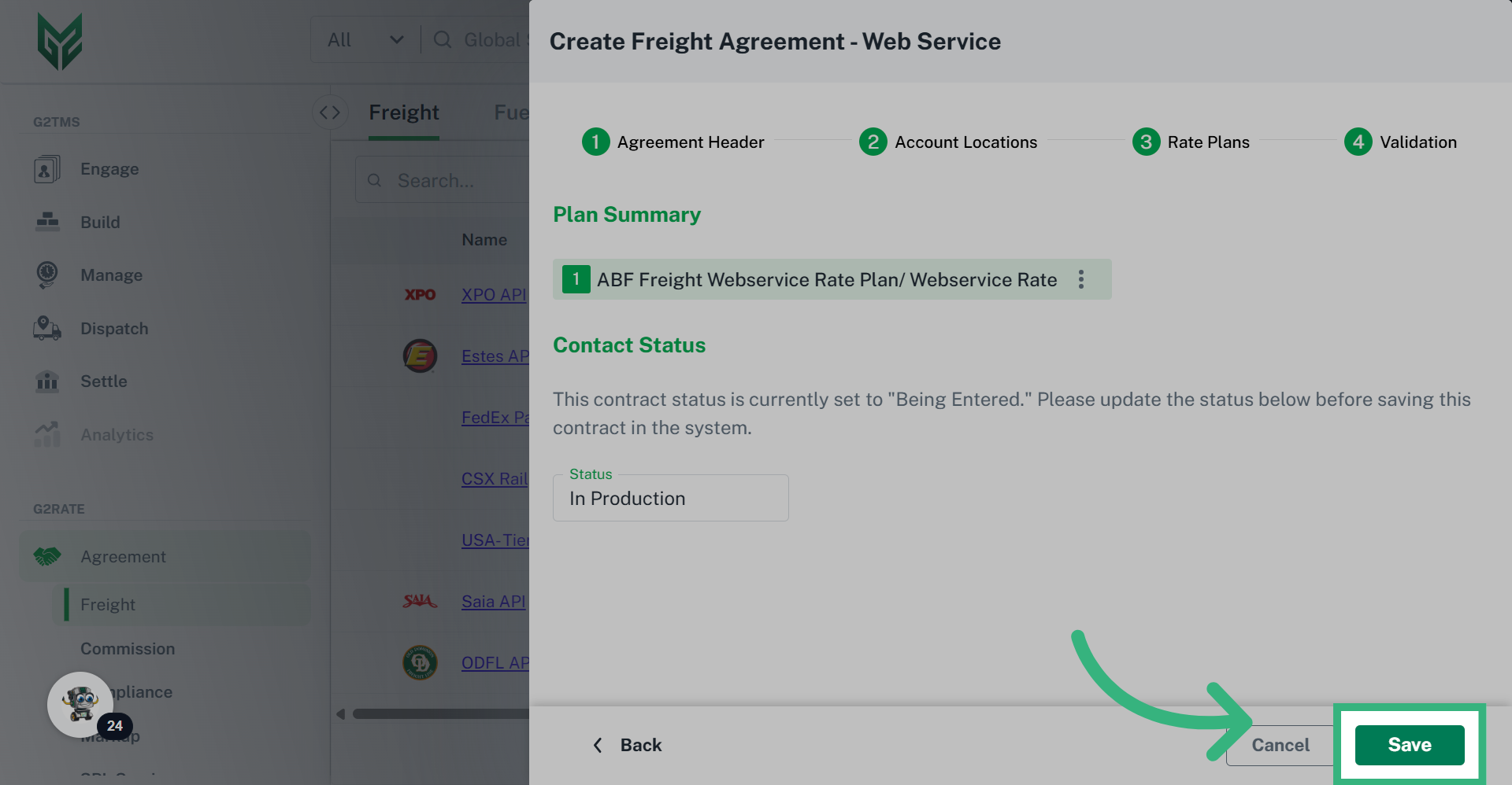 Move the shipment to 'In Production' status, then click 'Save'