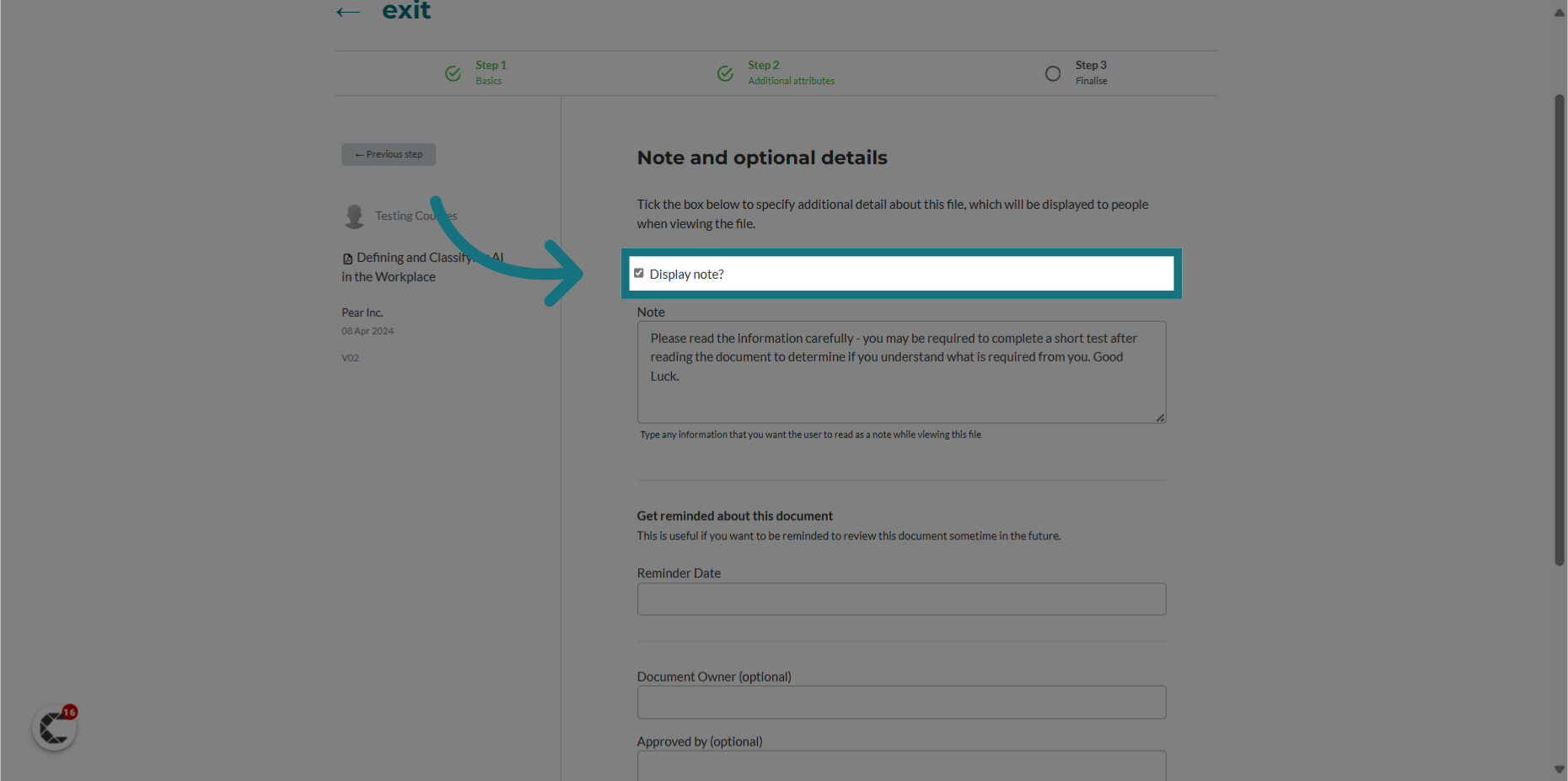 Optionally, tick the box to add a display note