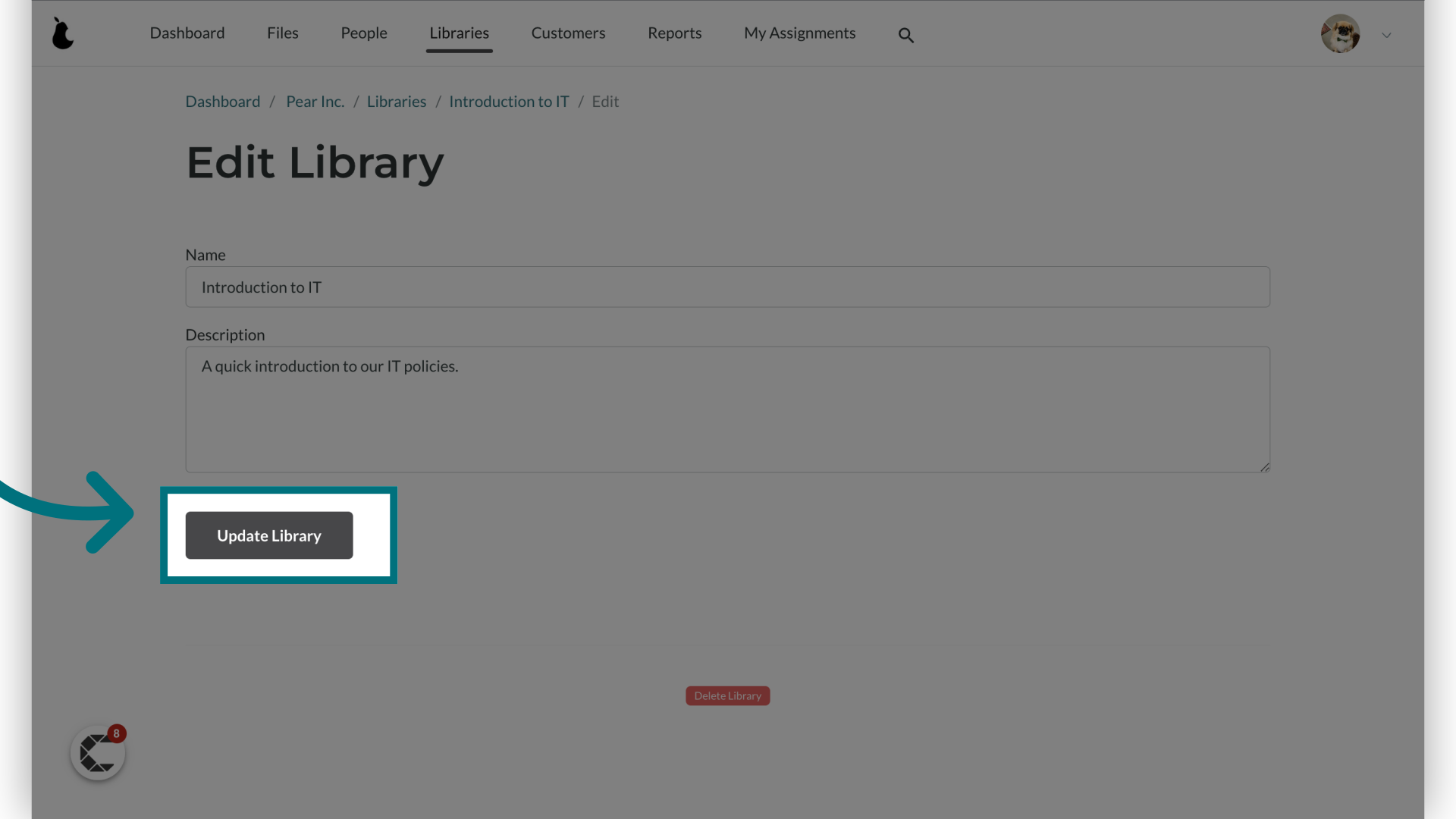 Click 'Update Library' to save your edits