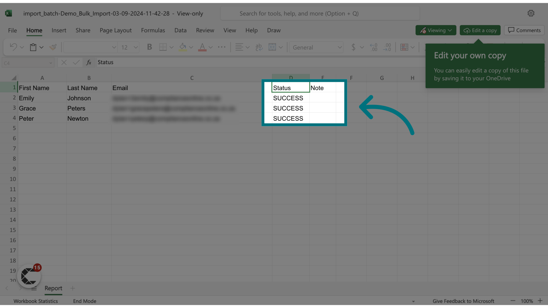 Inside of the report you will see a 'Status' and 'Note' column