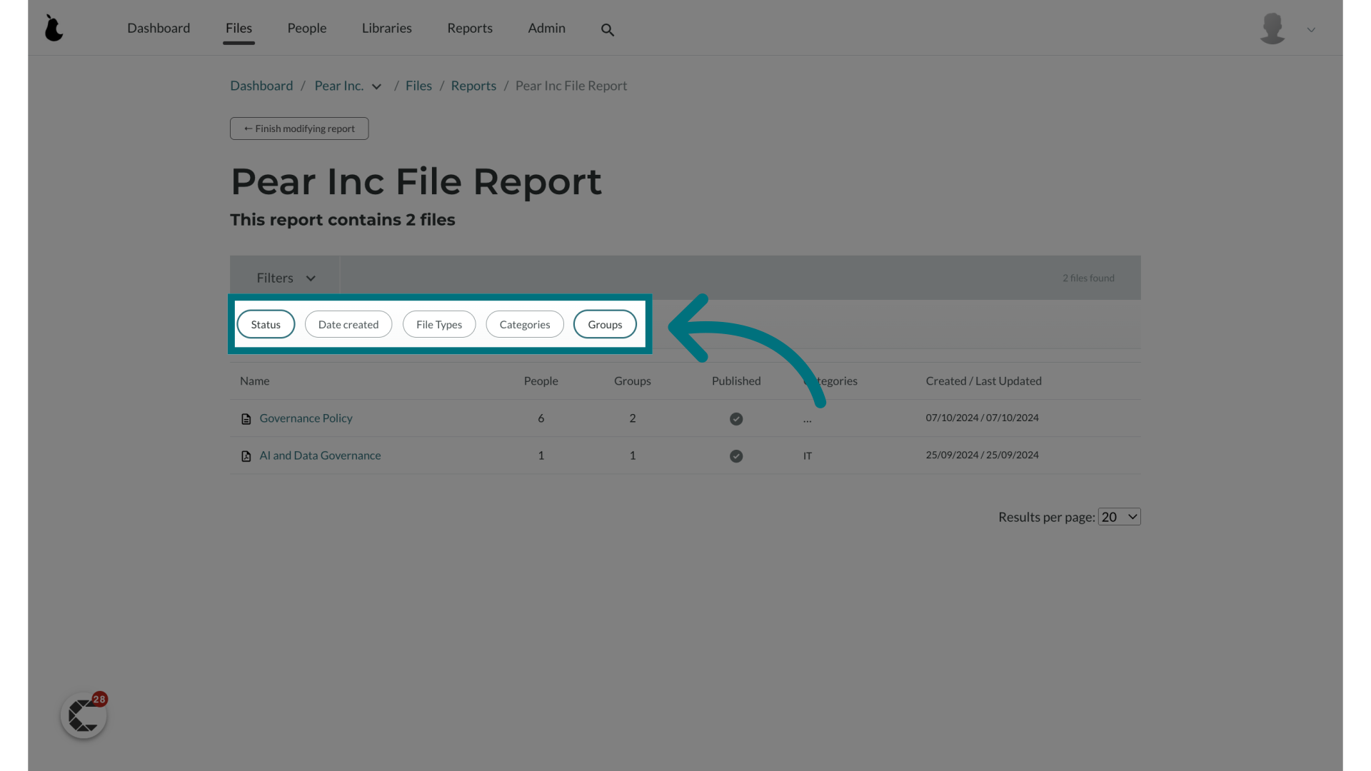 Here you can edit the filters to remove or add files to the report