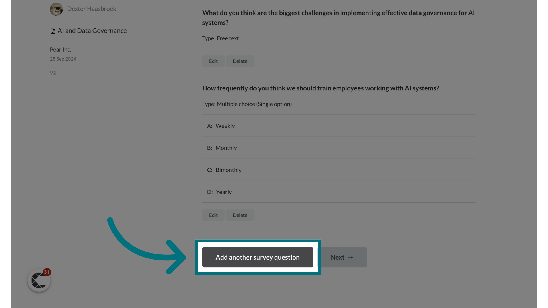Click 'Add another survey question'