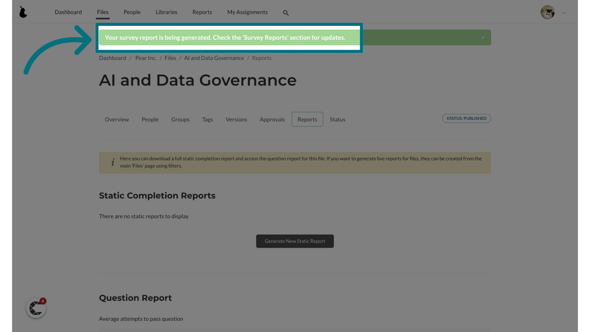 A green notification banner will appear, indicating that the report is being generated