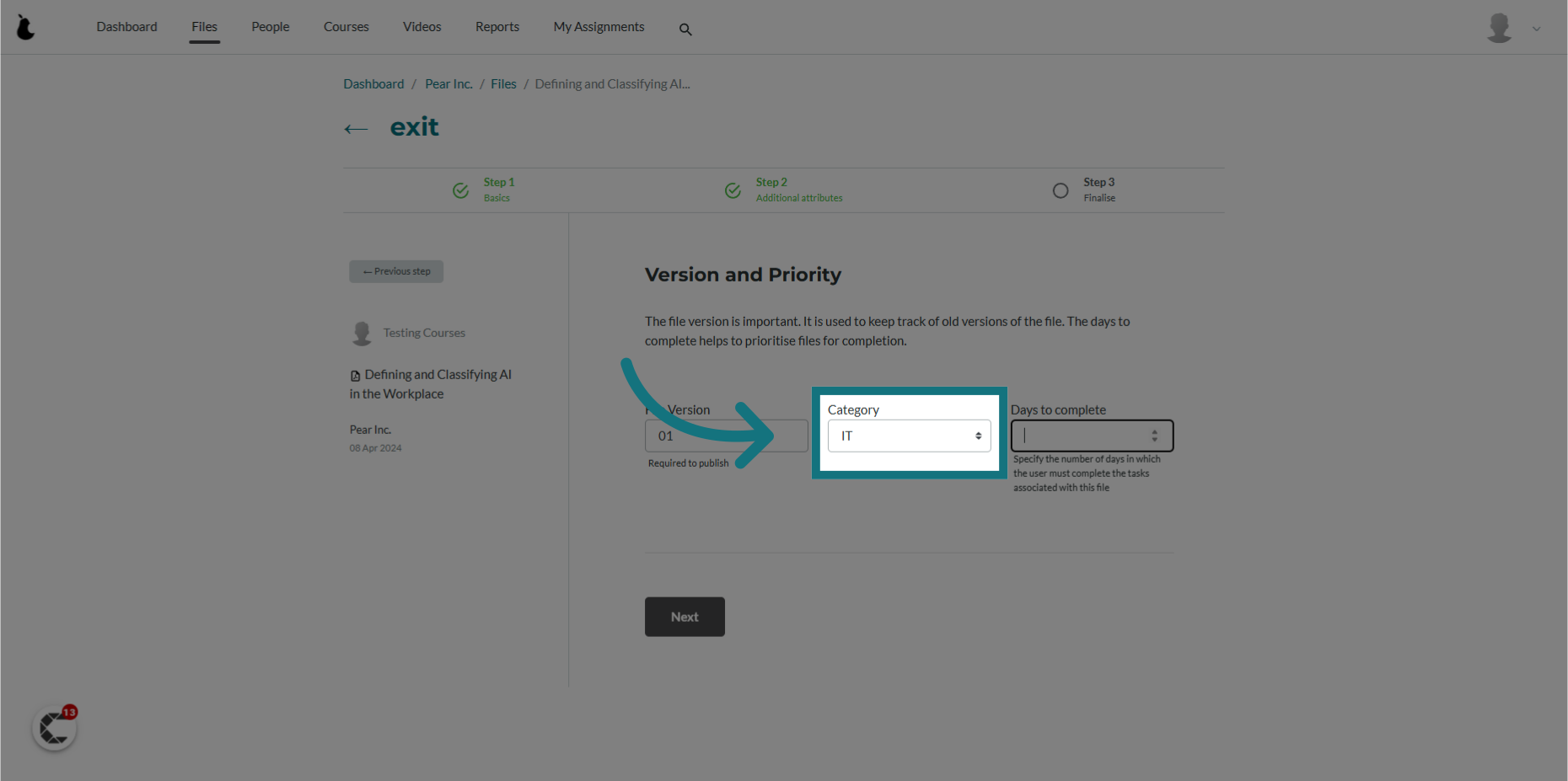 Click 'Category' and assign a category to the file