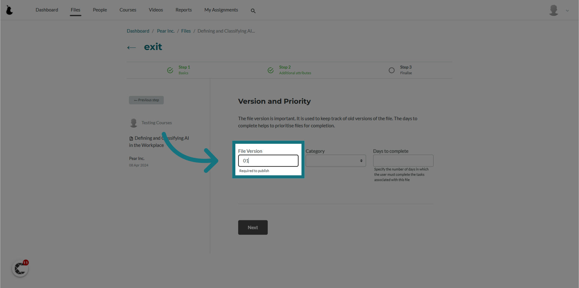 Click 'File Version' and provide a version number for the file