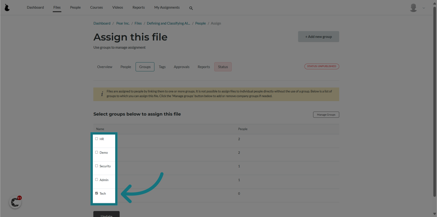 Choose which group(s) to assign the file to.