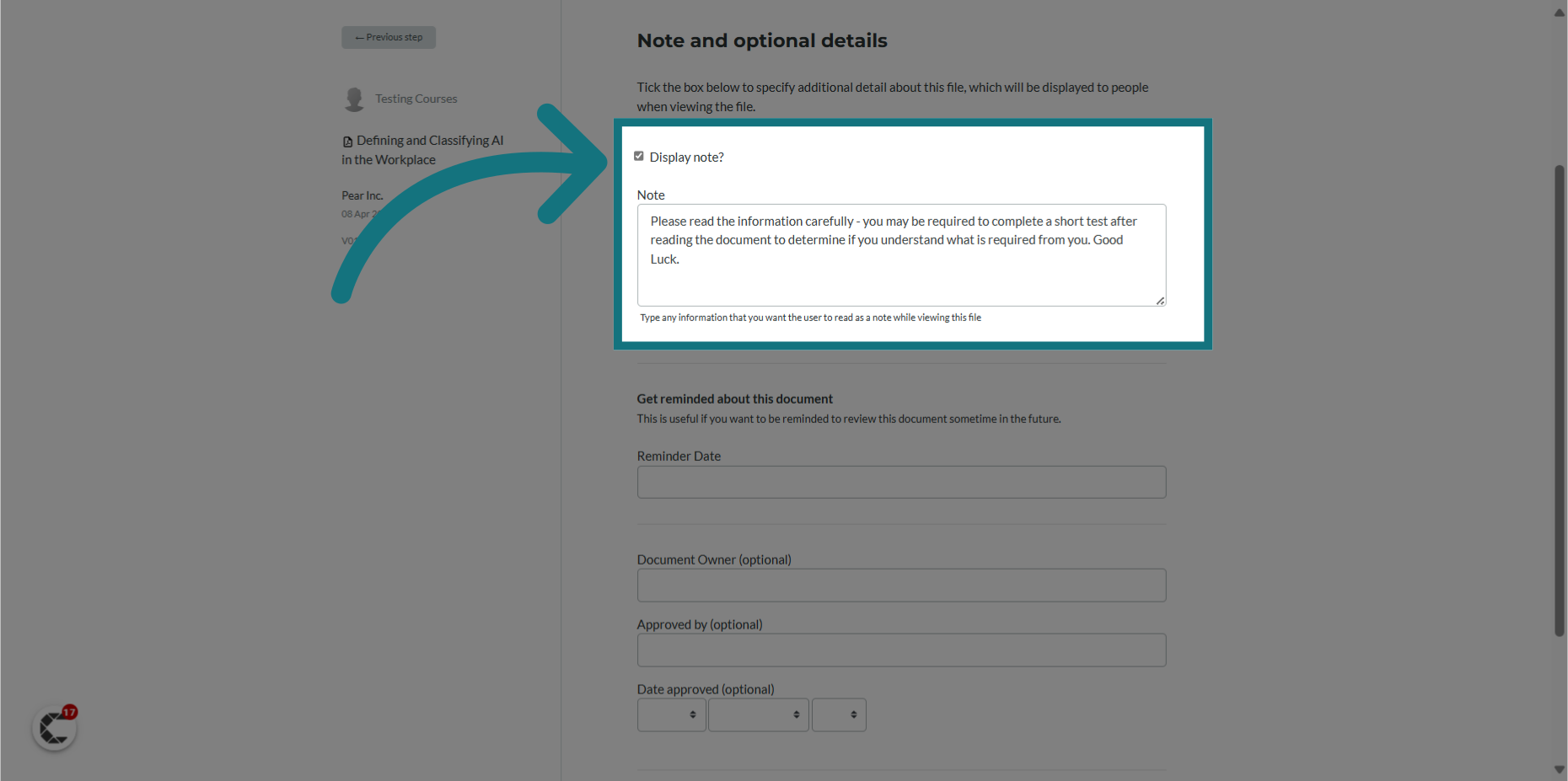 Optionally, click 'Display note' to provide any additional information about the file